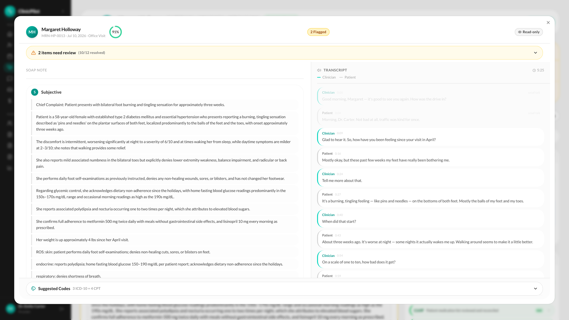 ClinicPilot evidence review: the AI-drafted SOAP note side by side with the speaker-labeled visit transcript, with a 91% confidence score and flagged items to resolve before signing.
